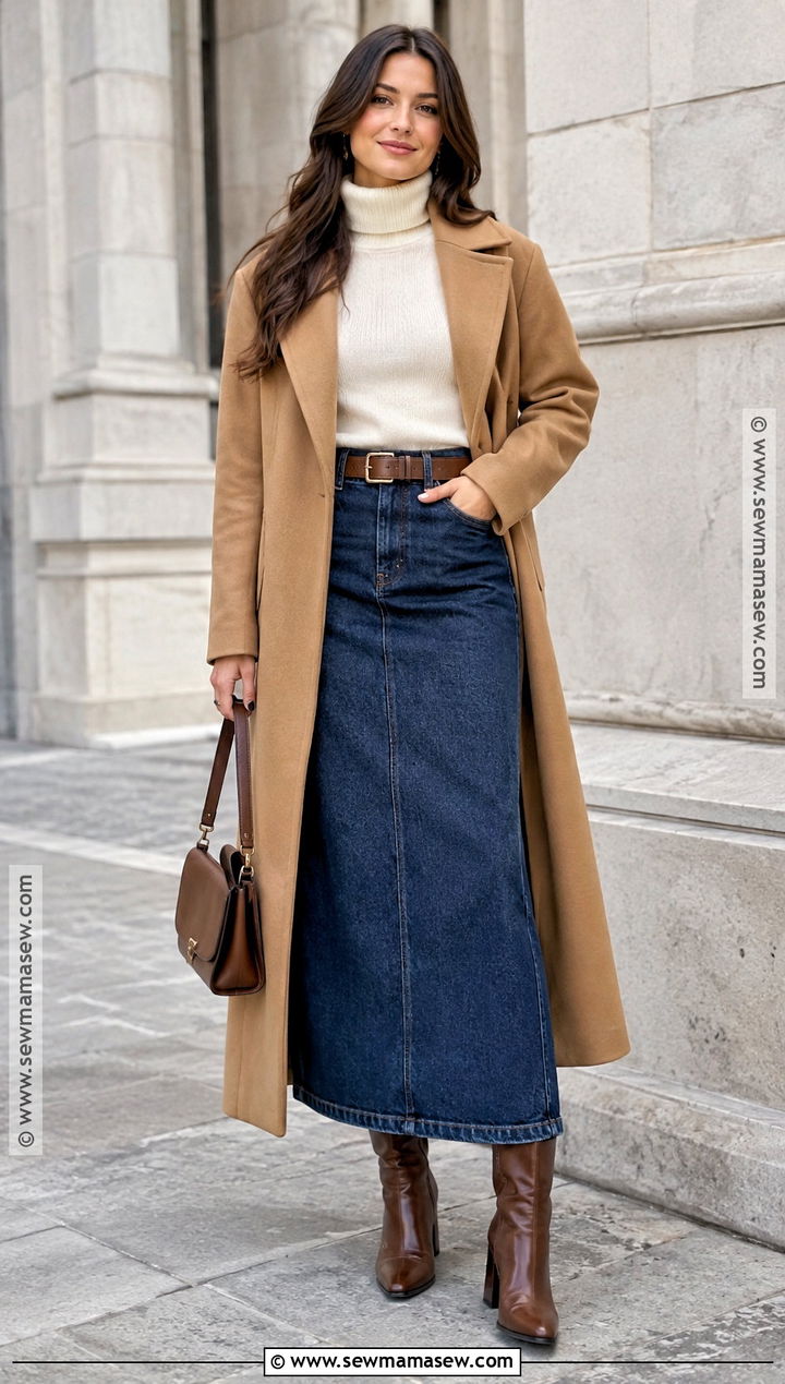Denim Maxi Skirt With Turtleneck And Knee High Boots - 25 fall denim skirt outfits