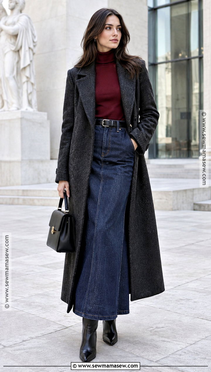 Denim Maxi Skirt With Turtleneck And Long Coat - 20 denim skirt outfit autumn ideas
