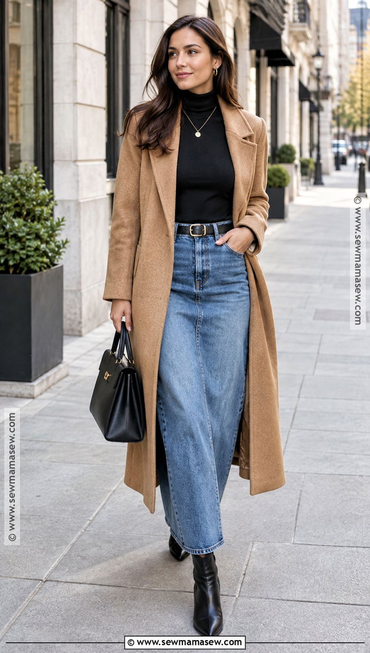 Denim Maxi Skirt With Turtleneck And Wool Coat - 15 denim maxi skirt fall outfit ideas