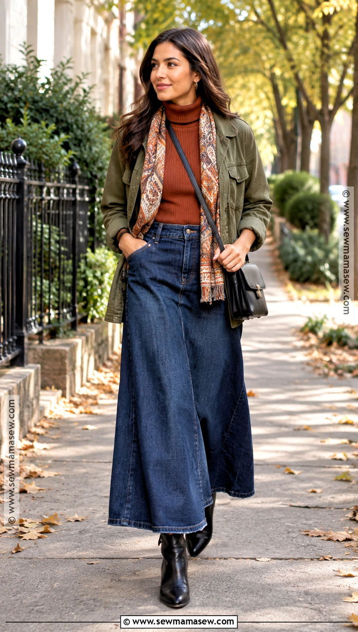 Denim Maxi Skirt With Turtleneck Fall Modest Outfit - 15 fall 2026 modest outfits