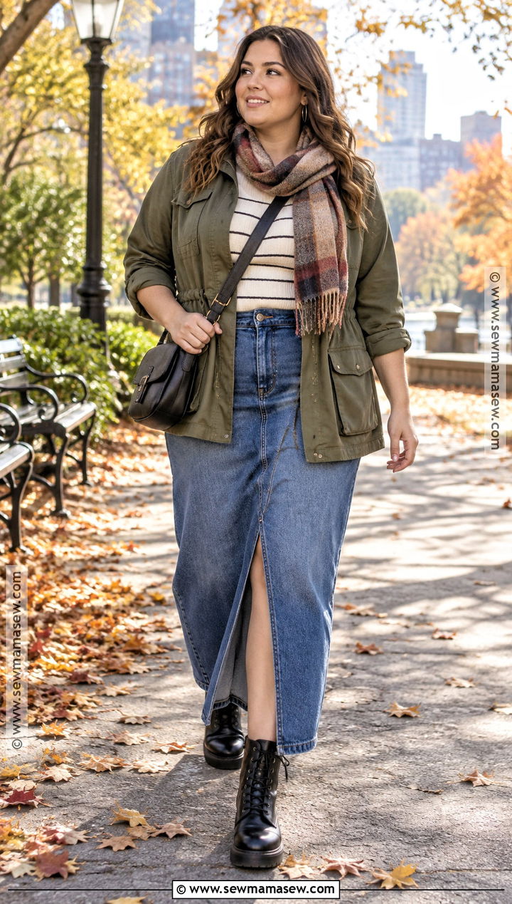 Denim Maxi Skirt With Utility Jacket And Combat Boots - 20 denim maxi skirt outfit fall ideas