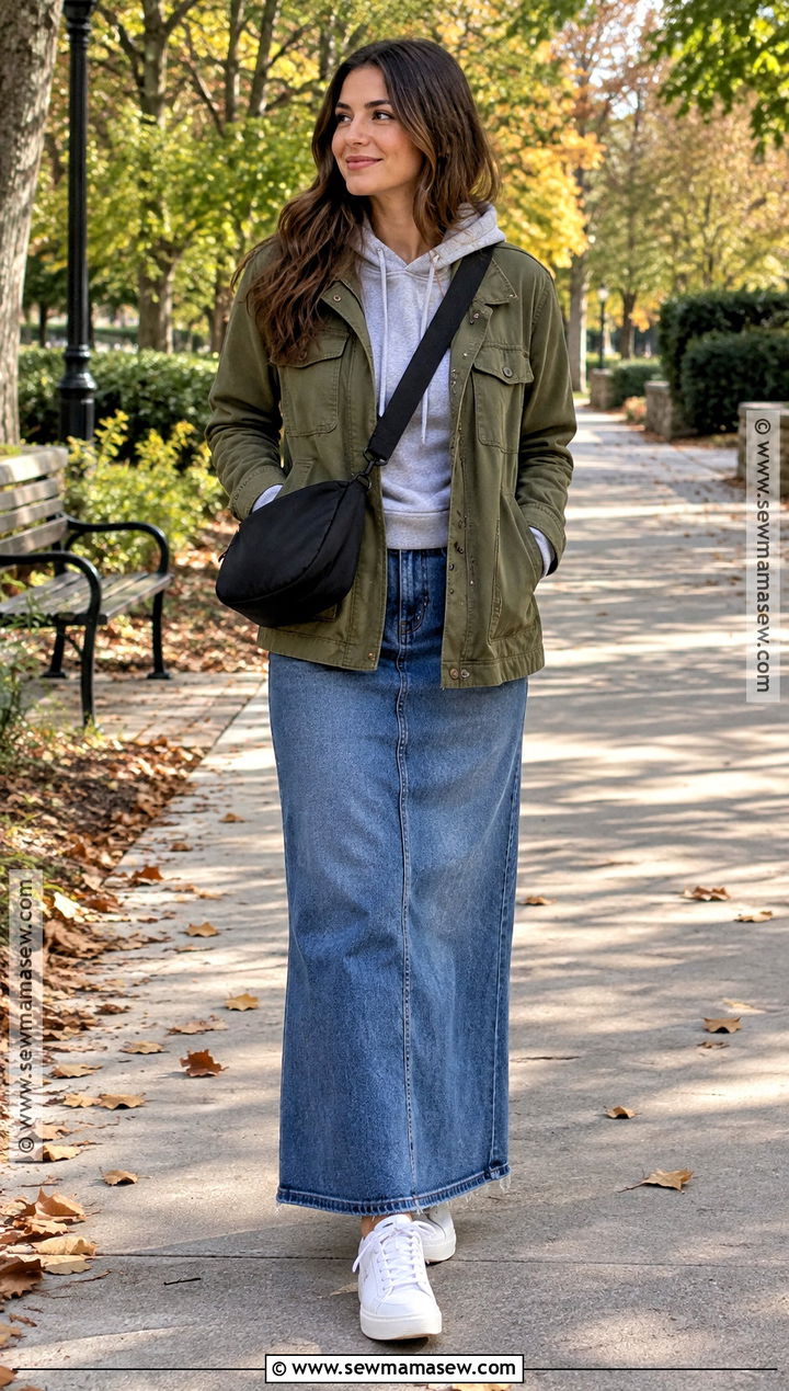Denim Maxi Skirt With Utility Jacket And Hoodie - 15 denim maxi skirt fall outfit ideas