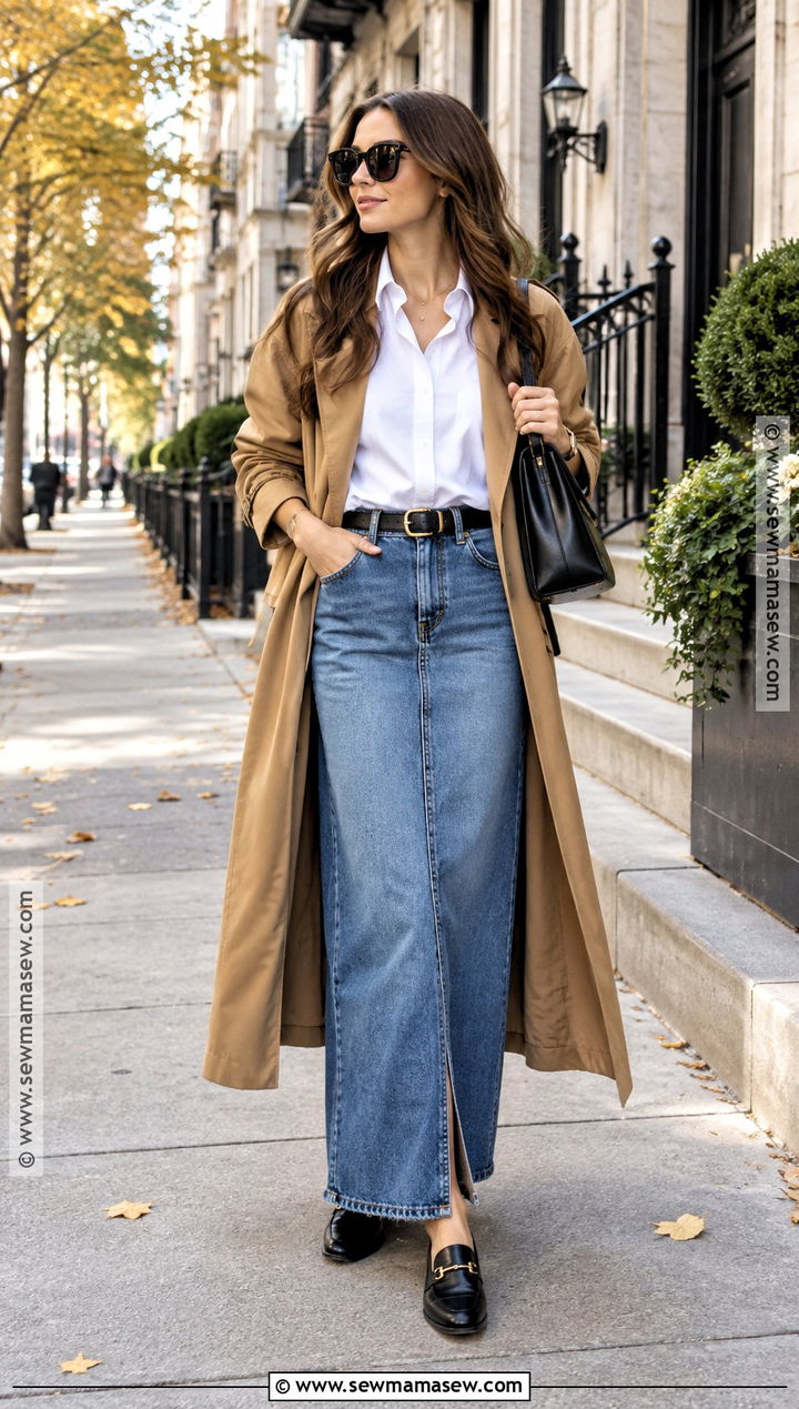 Denim Maxi Skirt With White Button Down And Loafers - 20 denim maxi skirt outfit fall ideas