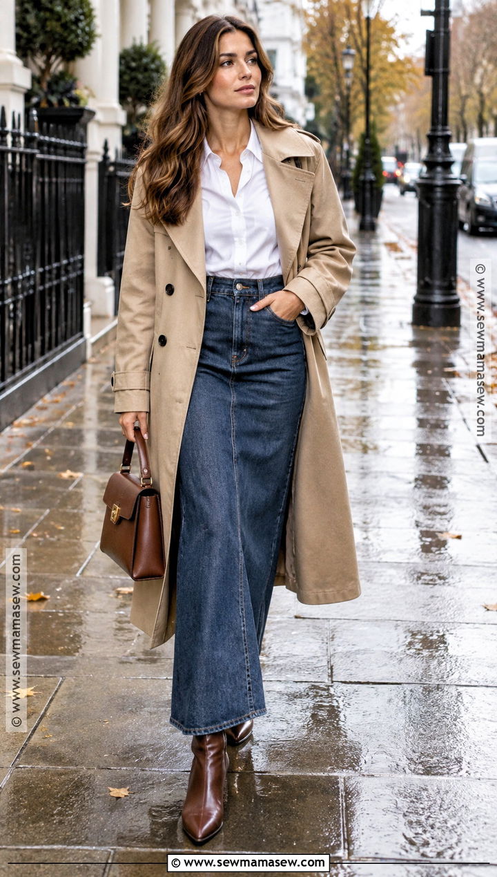 Denim Maxi Skirt With White Shirt And Trench Coat - 20 denim skirt outfit autumn ideas