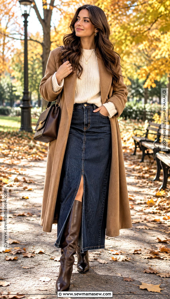 Denim Maxi Skirt With a Chunky Sweater - 20 fall denim ideas