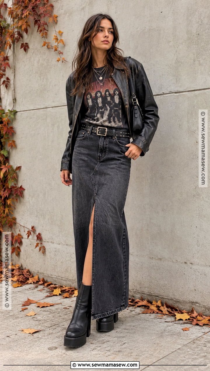 Denim Maxi Skirt and Band Tee Grungy Fall Outfit - 25 grungy fall outfits