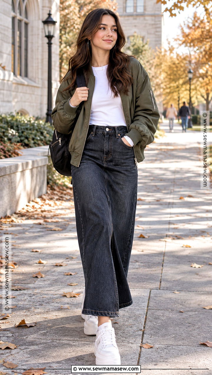 Denim Maxi Skirt and Bomber Jacket Fall School Outfit - 20 fall baddie outfits for school