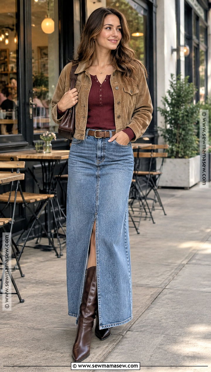 Denim Maxi Skirt and Henley Top Outfit - 25 2000s fall outfits