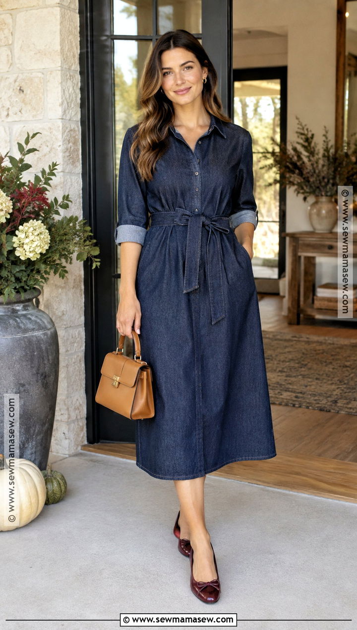 Denim Midi Dress And Burgundy Flats Bridal Shower Outfit - 20 fall bridal shower outfit for guest casual ideas