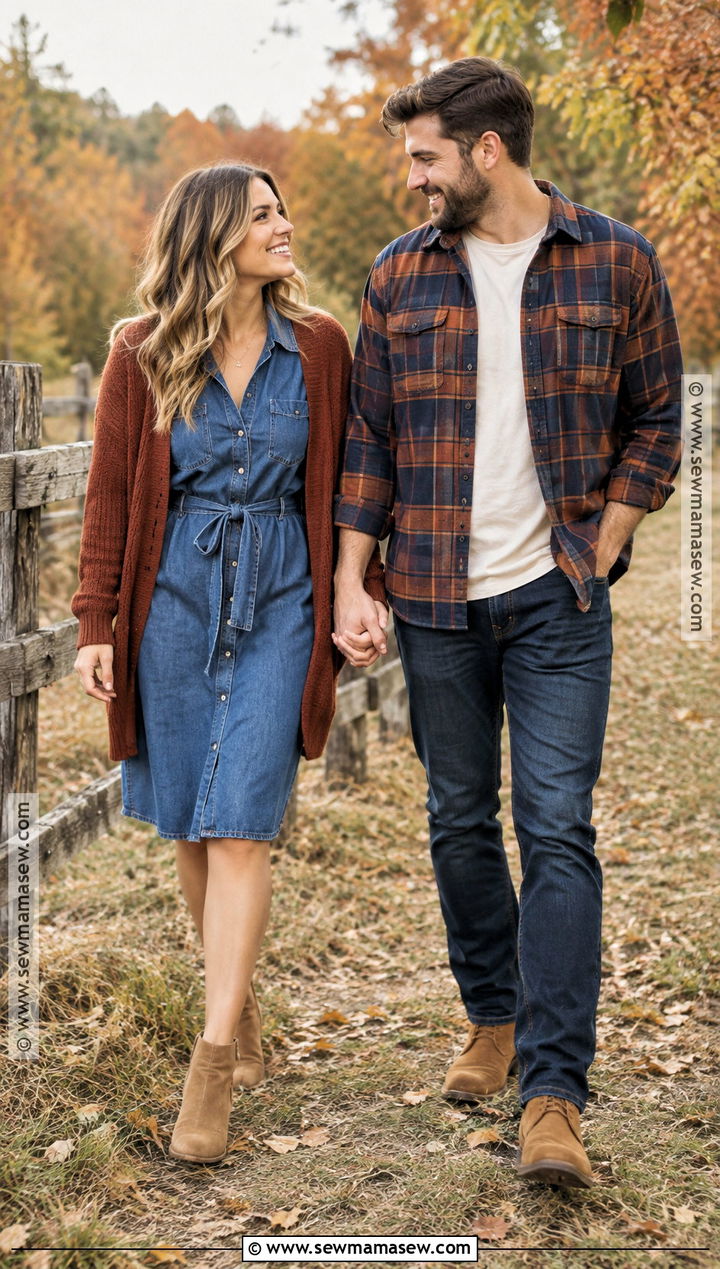 Denim Midi Dress And Flannel Shirt Fall Couples Photoshoot Outfit - 15 couples photoshoot fall outfit ideas