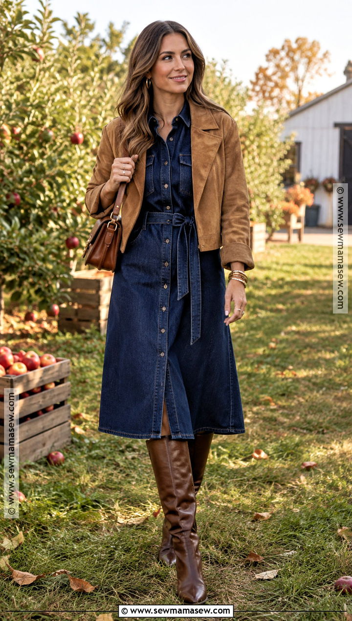 Denim Midi Dress And Tall Boots Birthday Outfit - 15 Bday Fall Outfit Ideas