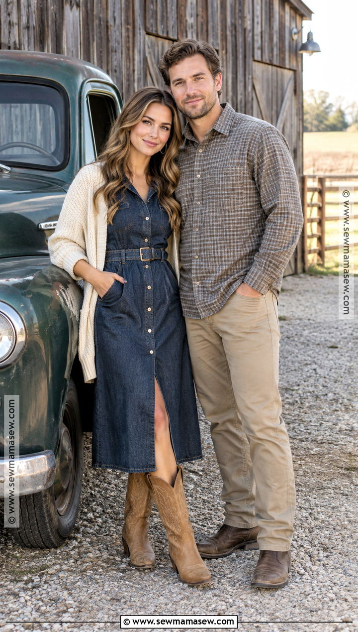 Denim Midi Dress And Tan Cowboy Boots Engagement Outfit - 15 engagement photos outfits fall country