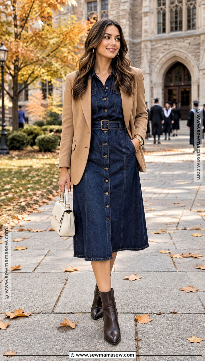 Denim Midi Dress Fall Graduation Outfit - 25 fall graduation outfit ideas