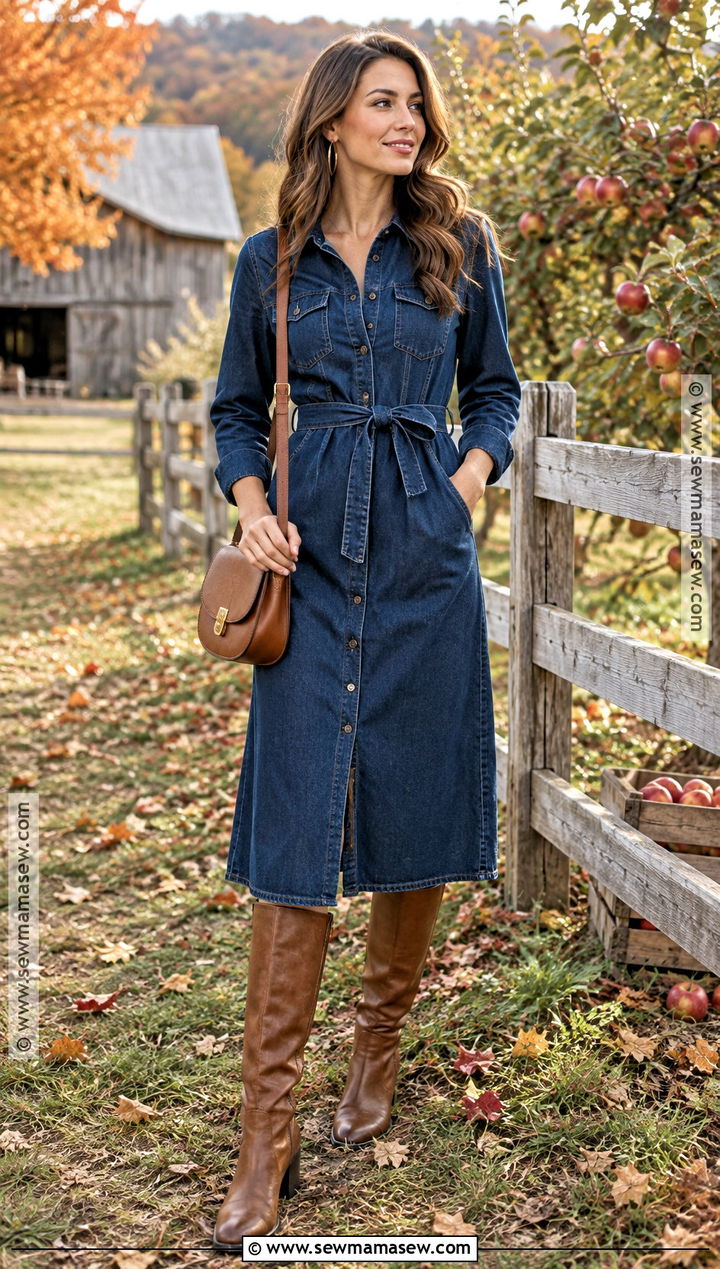 Denim Midi Dress Fall Photo Shoot Outfit - 20 Fall Photo Shoot Outfits for Women