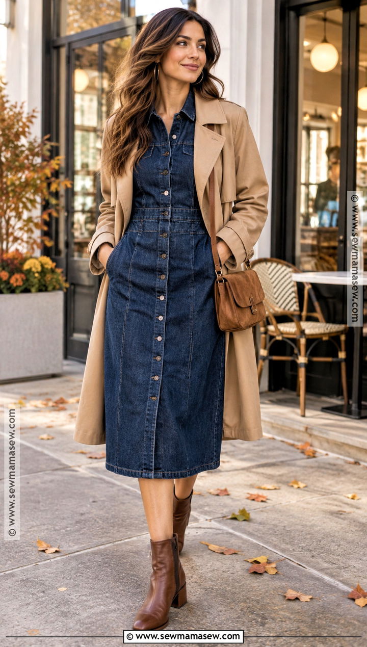 Denim Midi Dress With Brown Ankle Boots - 15 best fall dresses