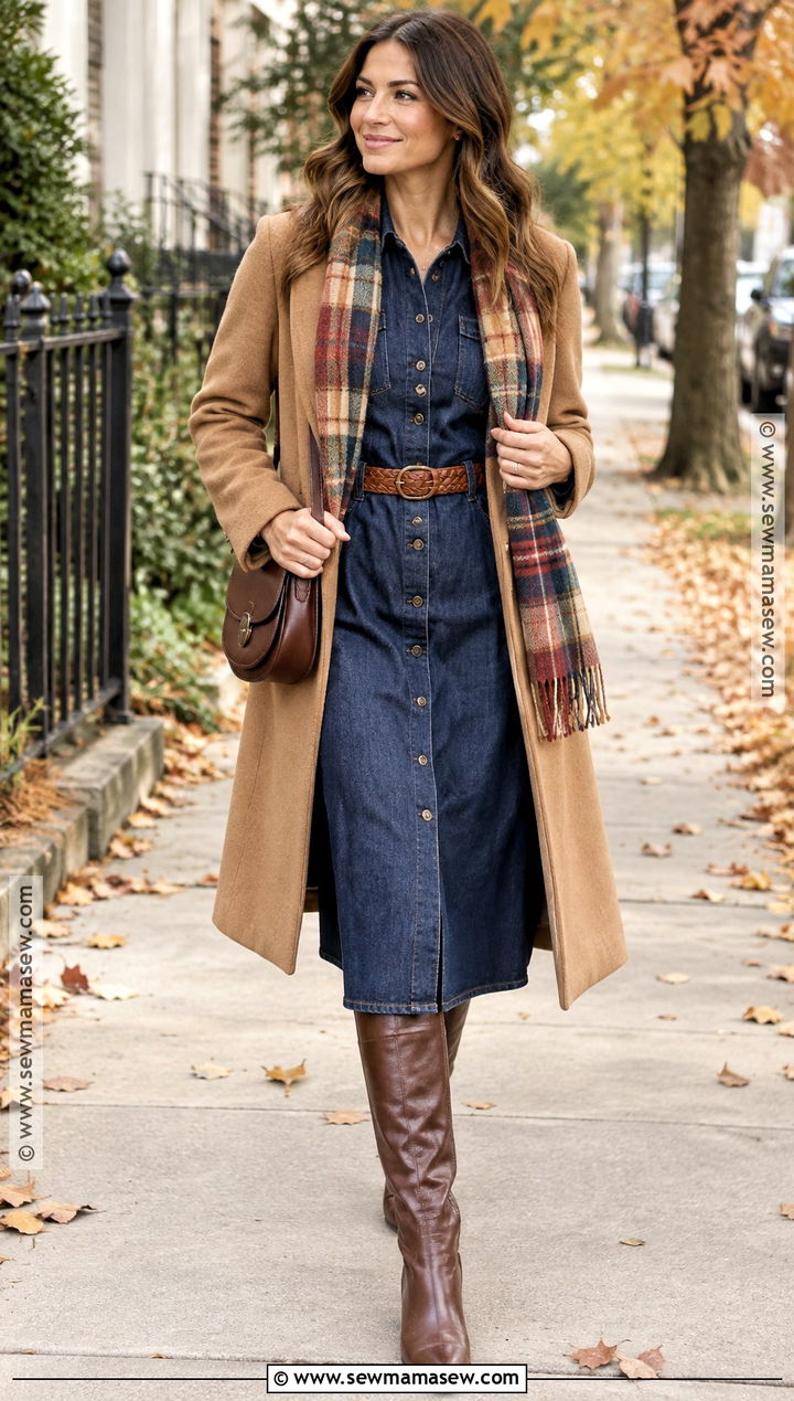 Denim Midi Dress With Brown Boots - 15 Fall Themed Dresses