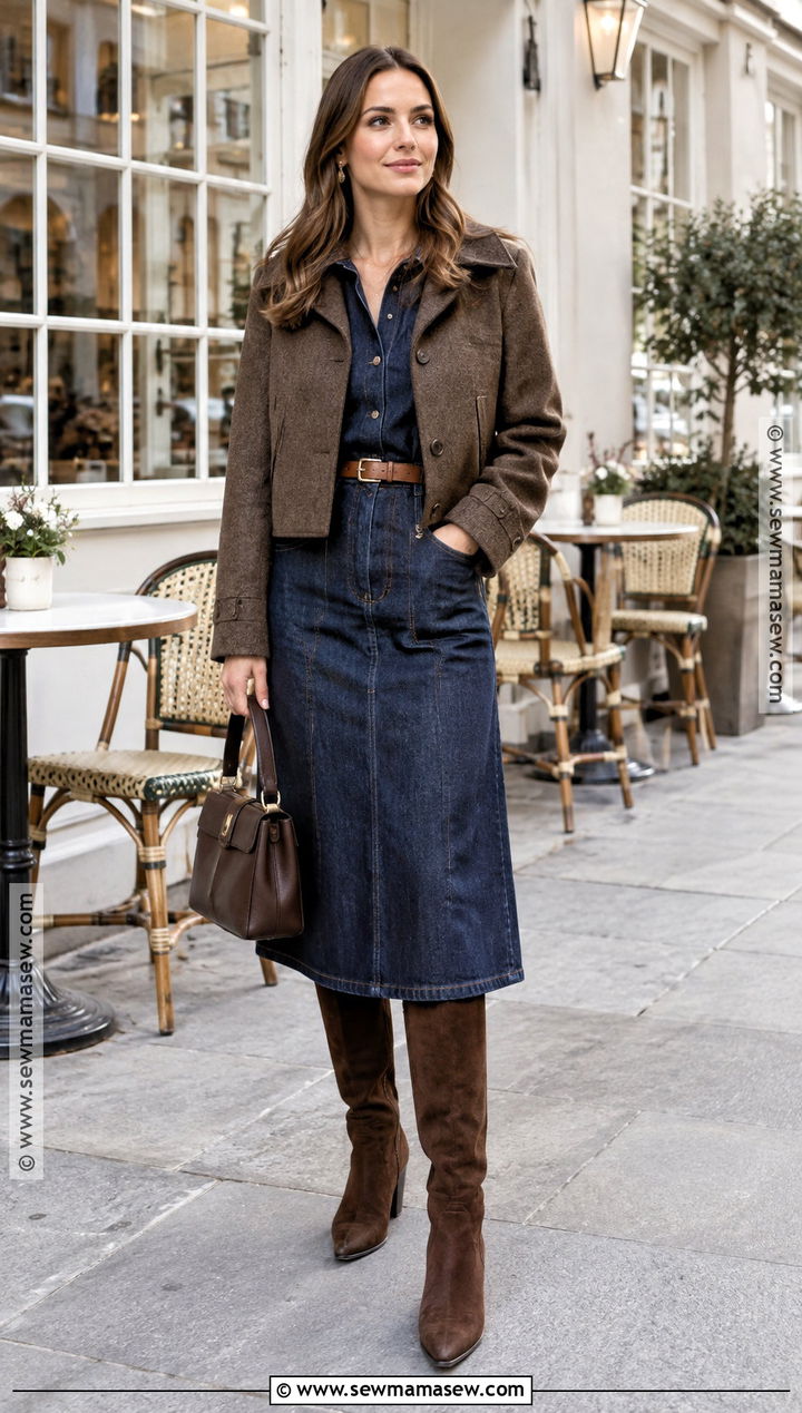 Denim Midi Dress With Knee High Boots - 25 denim dress outfit fall ideas