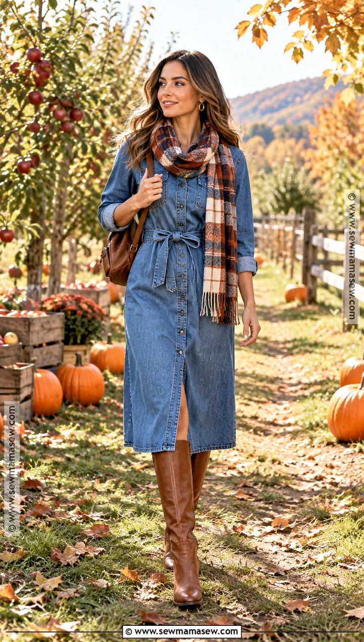 Denim Midi Dress With Tall Boots - 15 Autumn Pumpkin Dress Ideas