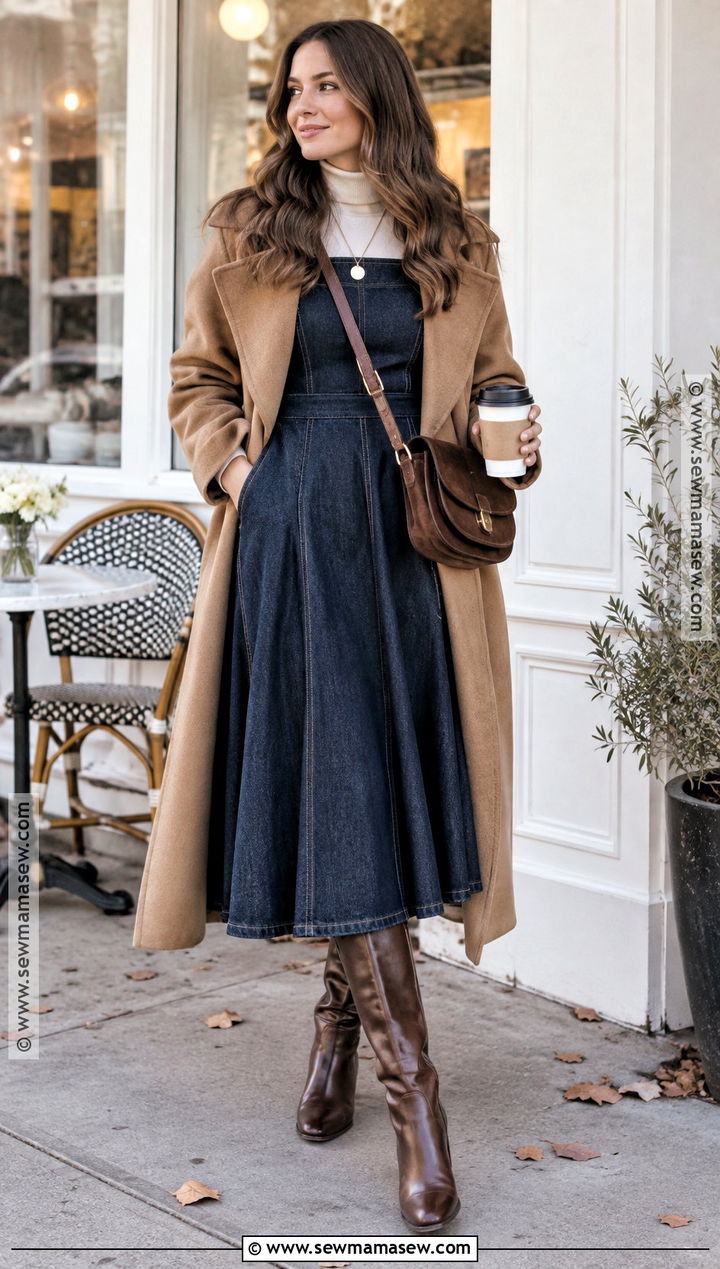 Denim Midi Dress With Turtleneck - 25 autumn dress outfit ideas