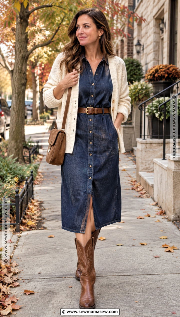 Denim Midi Dress With Western Boots - 15 fall date night dress outfit ideas