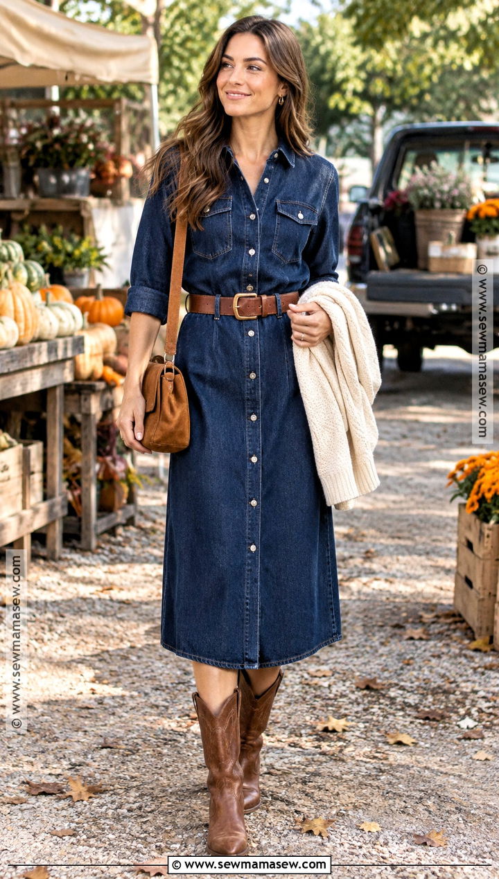Denim Midi Fall Dress With Western Boots - 15 women fall dresses