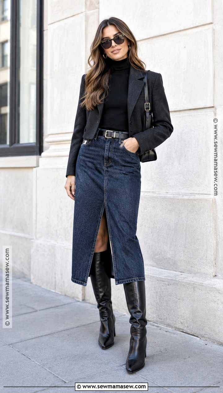 Denim Midi Skirt And Black Knee High Boots - 25 knee high boots outfit fall