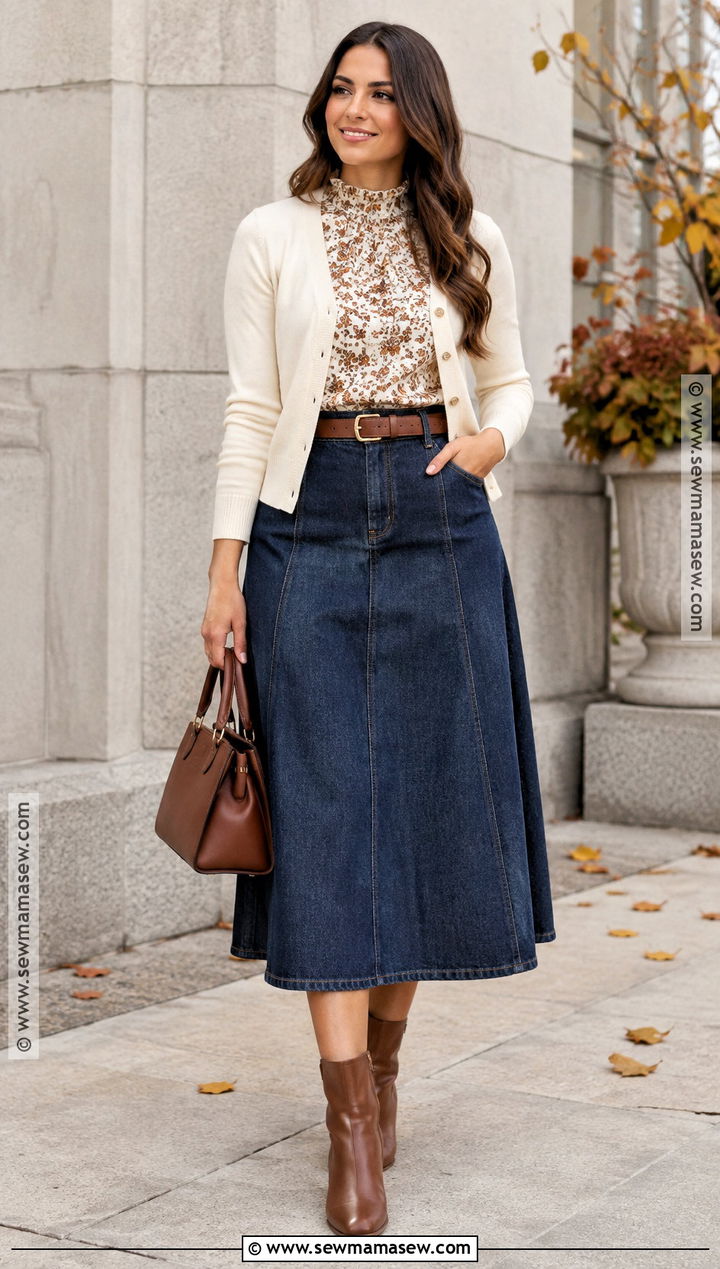 Denim Midi Skirt And Blouse Church Outfit - 20 cute fall church outfits