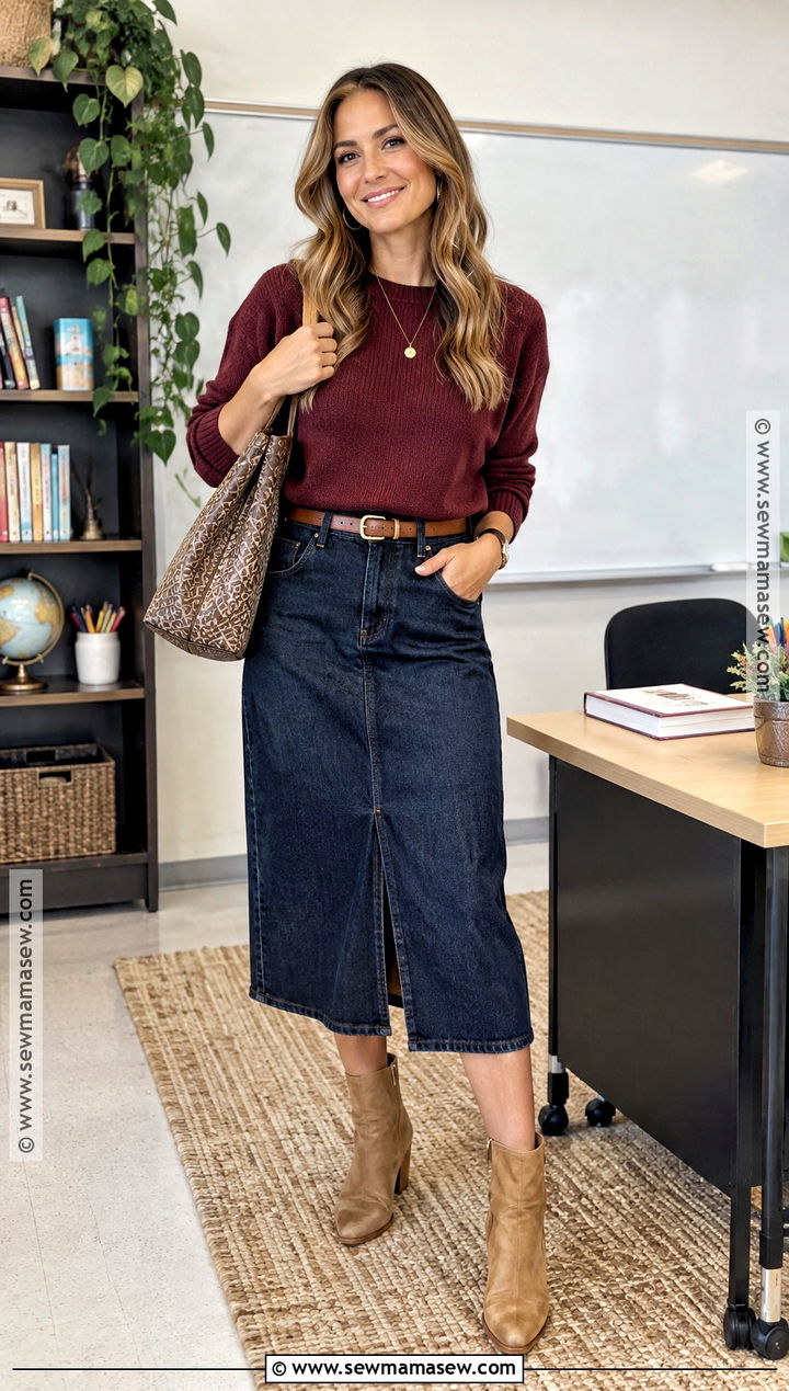 Denim Midi Skirt And Burgundy Sweater Teacher Outfit - 15 fun fall teacher outfits