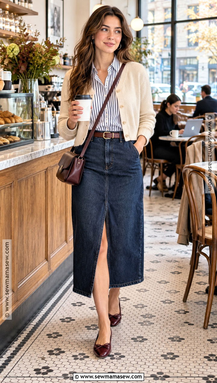 Denim Midi Skirt And Button Down With Ballet Flats - 20 fall ballet flats outfit ideas