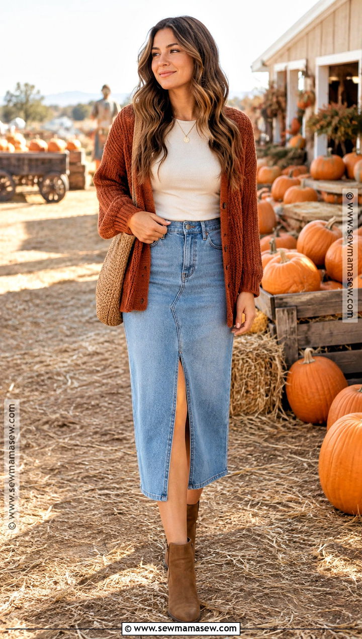 Denim Midi Skirt And Cardigan Pumpkin Patch Outfit - 20 Pumpkin Patch Outfit Women Fall Ideas
