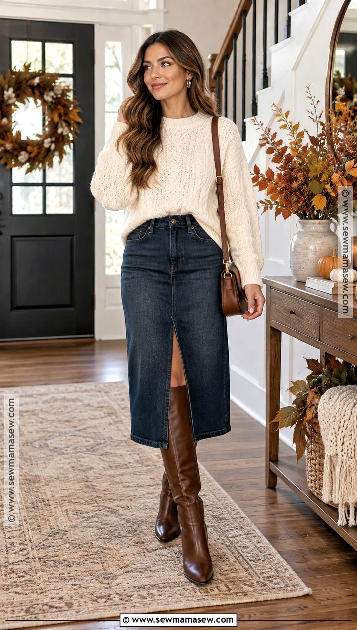 Denim Midi Skirt And Chunky Sweater Thanksgiving Outfit - 20 Thanksgiving Inspo Outfits