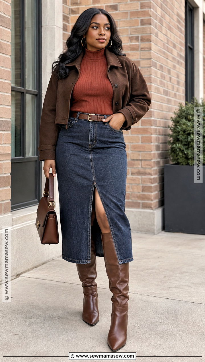 Denim Midi Skirt And Fitted Knit Fall Outfit - 25 fall outfits women black for women
