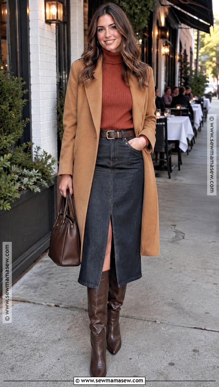 Denim Midi Skirt And Fitted Sweater Fall Dinner Outfit - 20 dinner fall outfit ideas