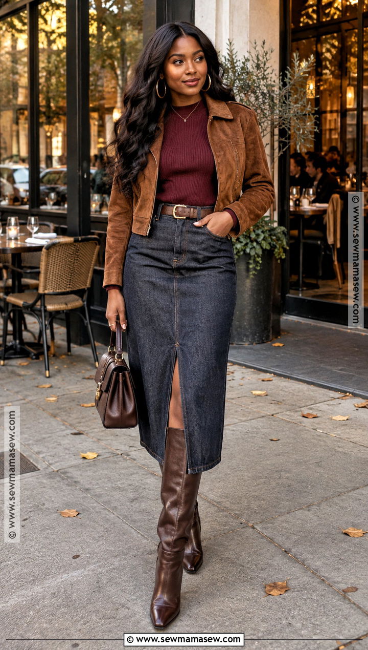 Denim Midi Skirt And Fitted Sweater Outfit - 15 date night outfit fall dinner ideas for black women