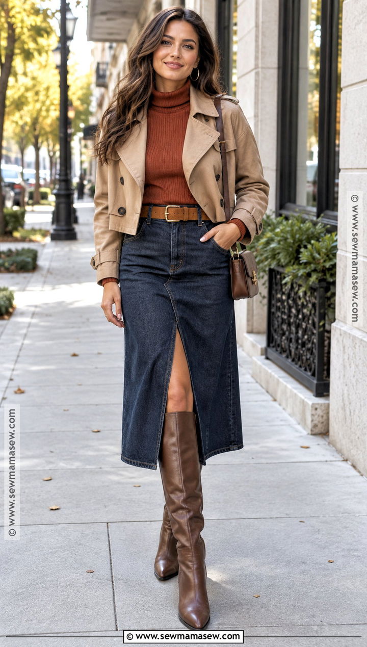 Denim Midi Skirt And Fitted Turtleneck Dinner Outfit - 20 girls dinner outfit fall ideas