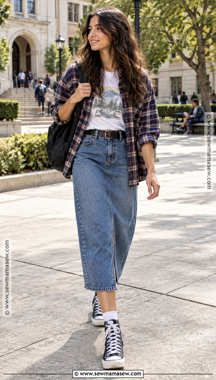 Denim Midi Skirt And Graphic T Shirt Outfit - 15 back to school outfits with skirt