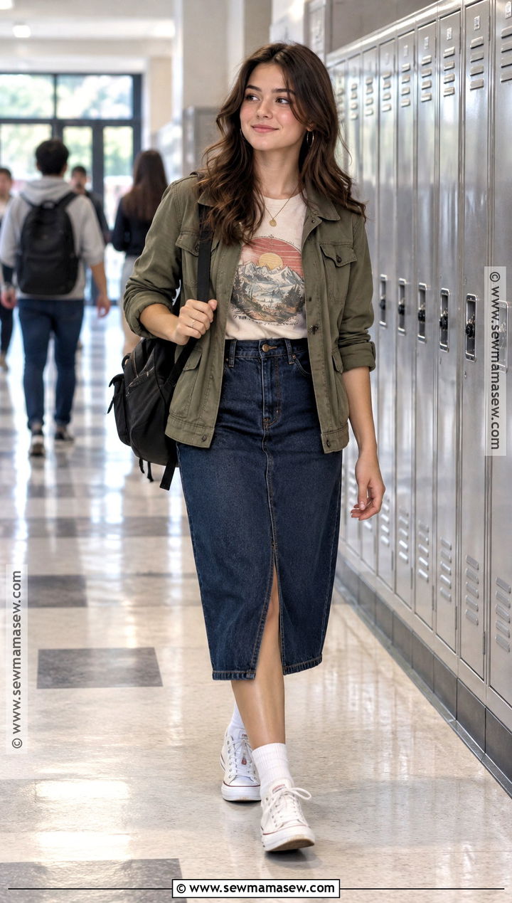 Denim Midi Skirt And Graphic T Shirt School Outfit - 15 going back to school outfits