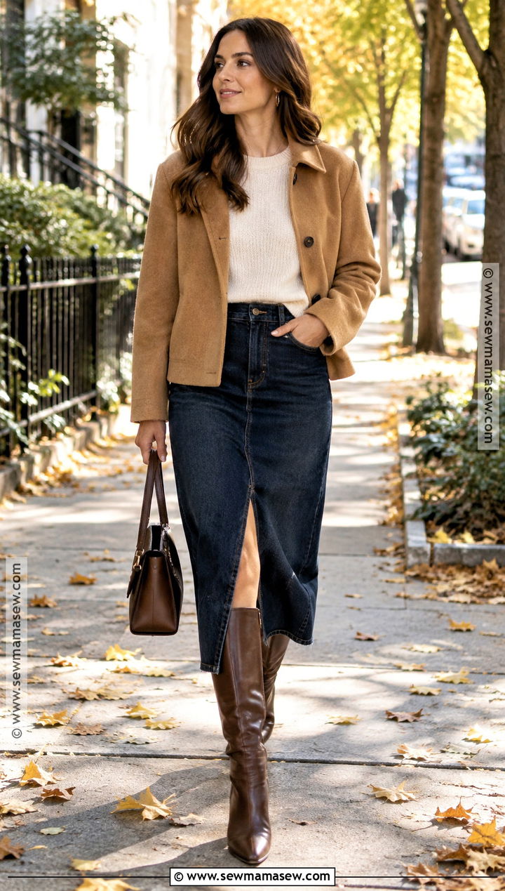 Denim Midi Skirt And Knee High Boots Fall Outfit - 20 classy fall outfits chic