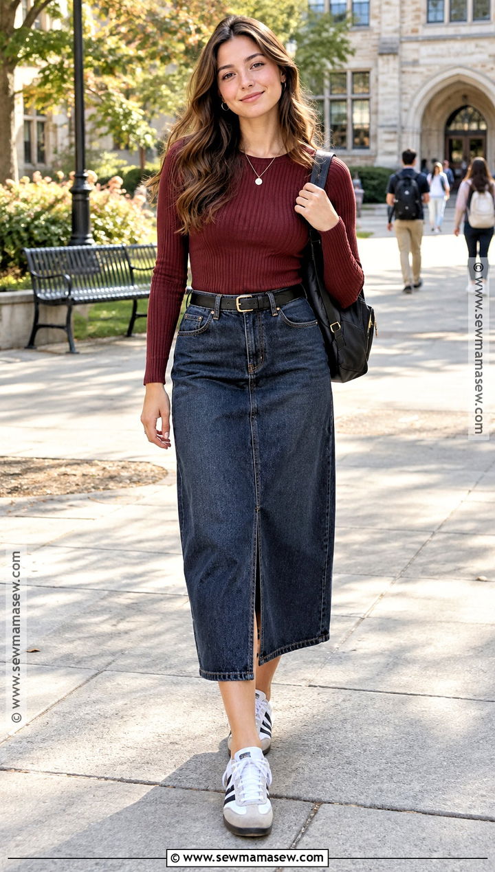 Denim Midi Skirt And Knit Top School Outfit - 20 first day of school outfit fall ideas