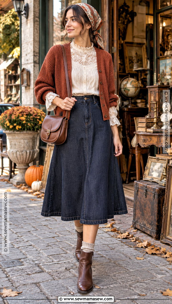 Denim Midi Skirt And Lace Blouse Autumn Cottagecore Outfit - 25 autumn cottagecore outfit ideas