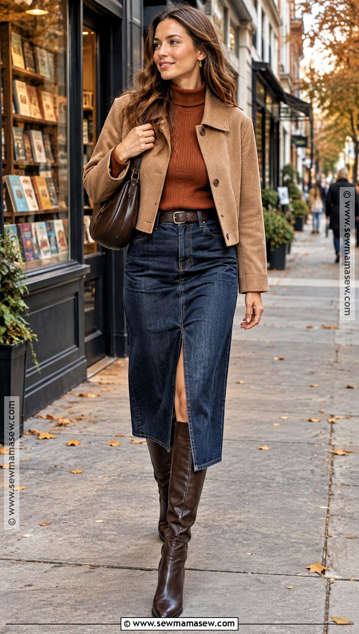 Denim Midi Skirt And Mock Neck Sweater Outfit - 15 Cozy Fall Date Night Outfit Ideas