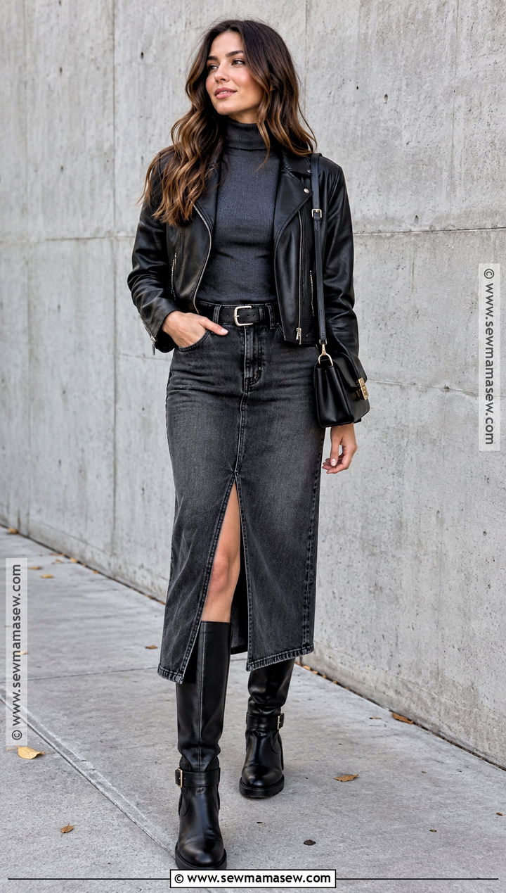 Denim Midi Skirt And Moto Tall Boots - 20 tall boot fall outfits