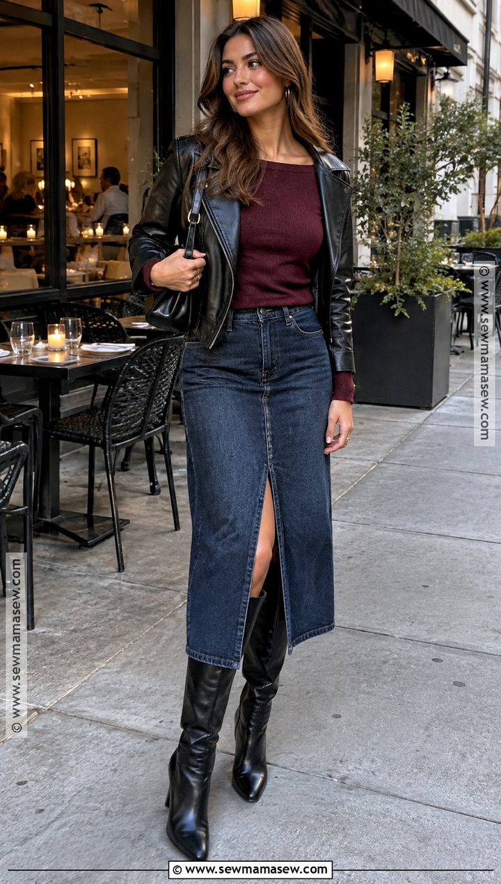Denim Midi Skirt And Off Shoulder Sweater Fall Dinner Date Outfit - 25 fall dinner date outfit ideas