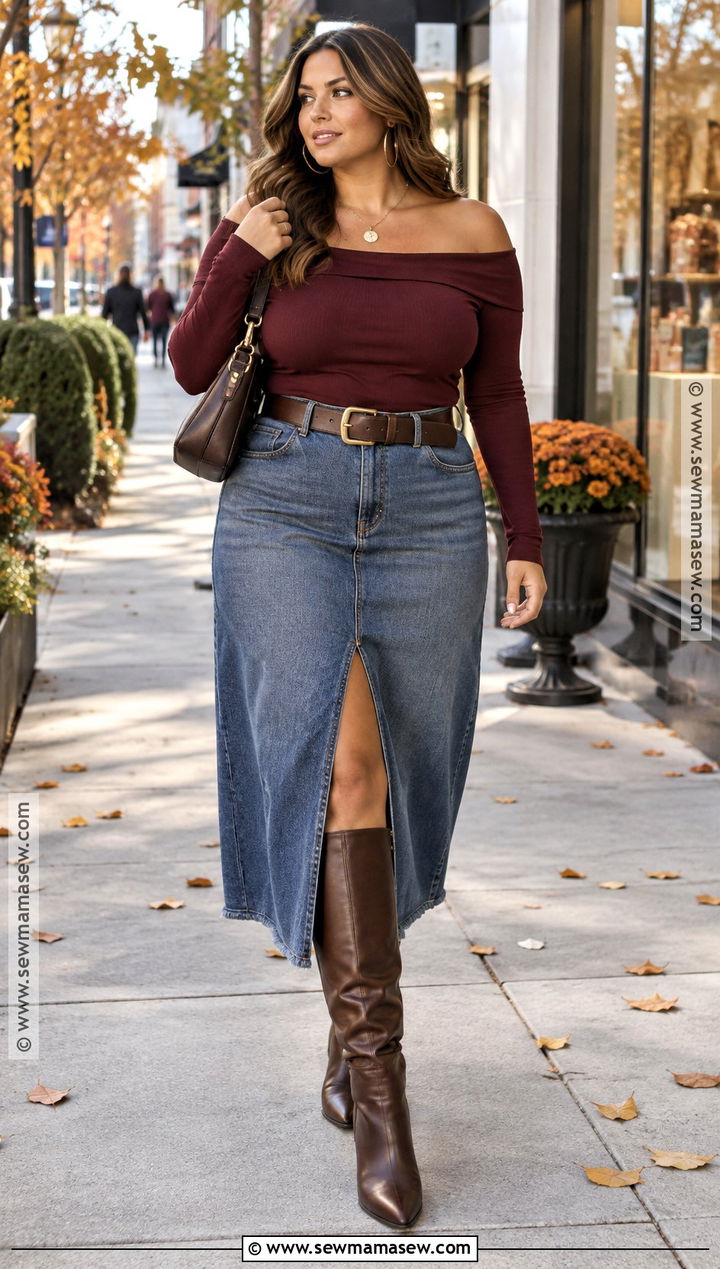 Denim Midi Skirt And Off Shoulder Top 2000s Fall Outfit - 20 2000s fall aesthetic outfits