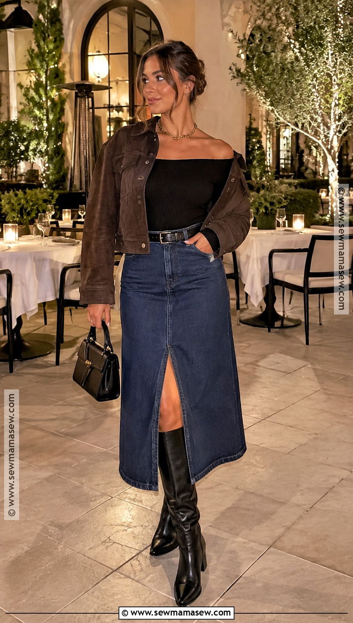 Denim Midi Skirt And Off Shoulder Top Fall Night Out Outfit - 25 fall outfits night out