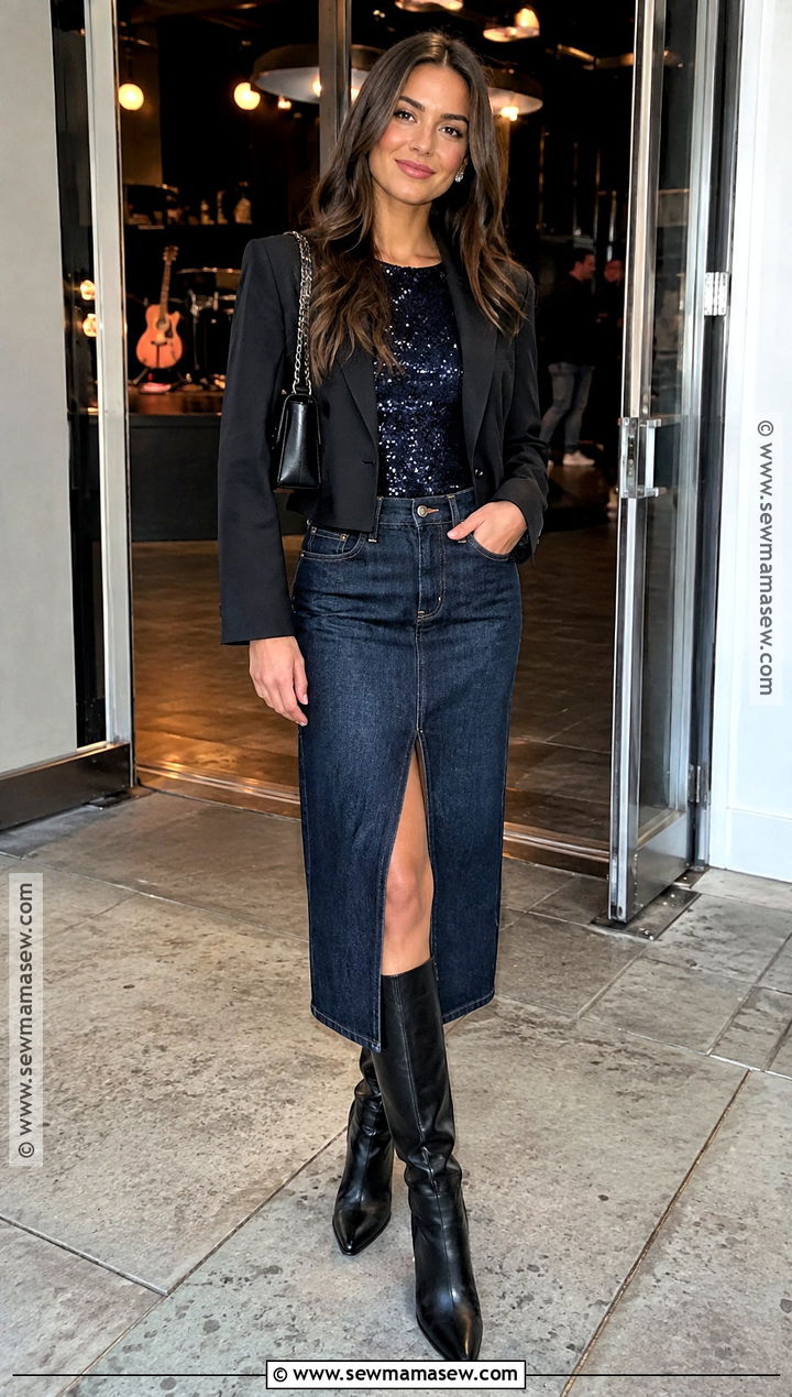 Denim Midi Skirt And Sequin Top Fall Party Outfit - 25 fall party outfit night ideas