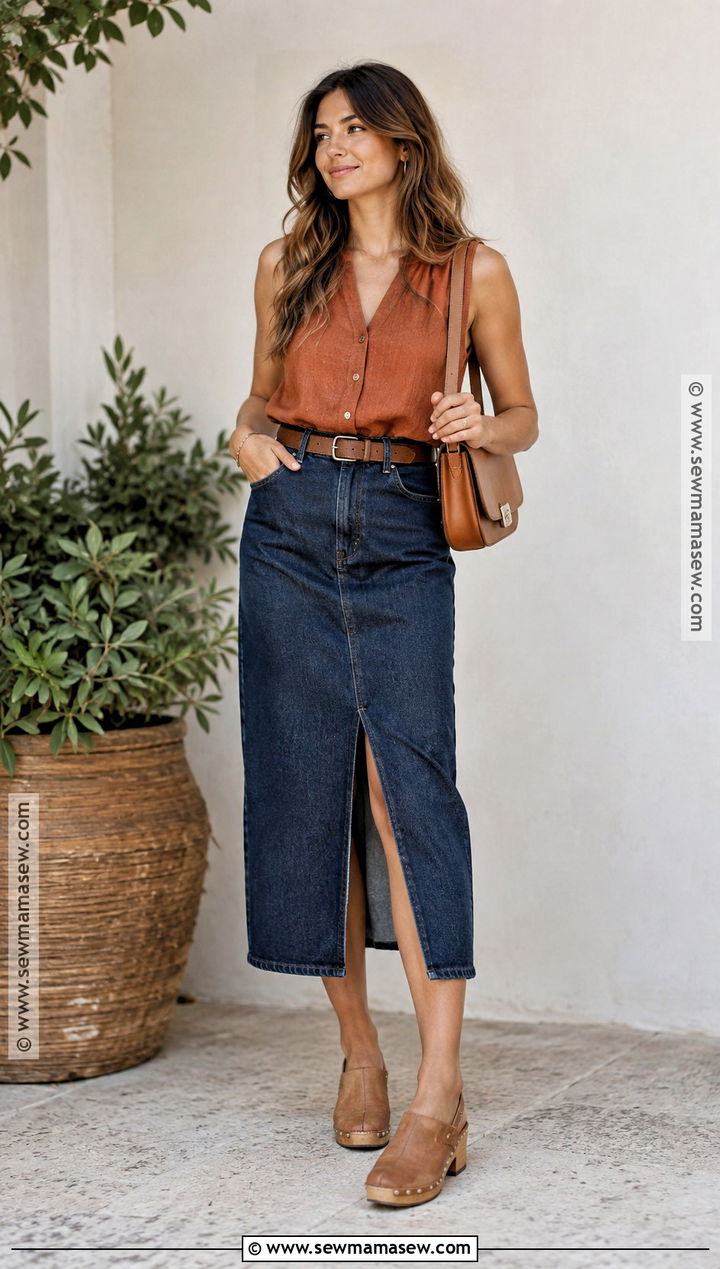Denim Midi Skirt And Sleeveless Blouse Autumn Outfit - 20 Autumn Outfits Hot Weather