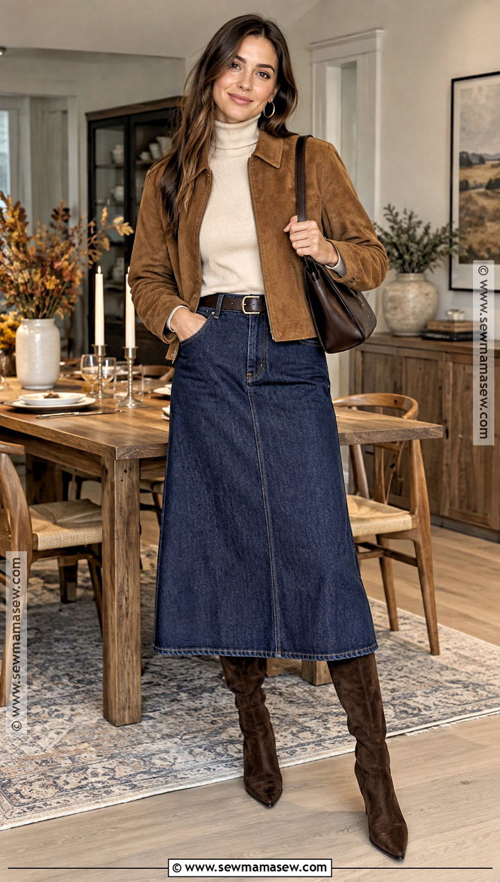Denim Midi Skirt And Suede Jacket Fall Dinner Party Outfit - 25 fall dinner party outfit ideas