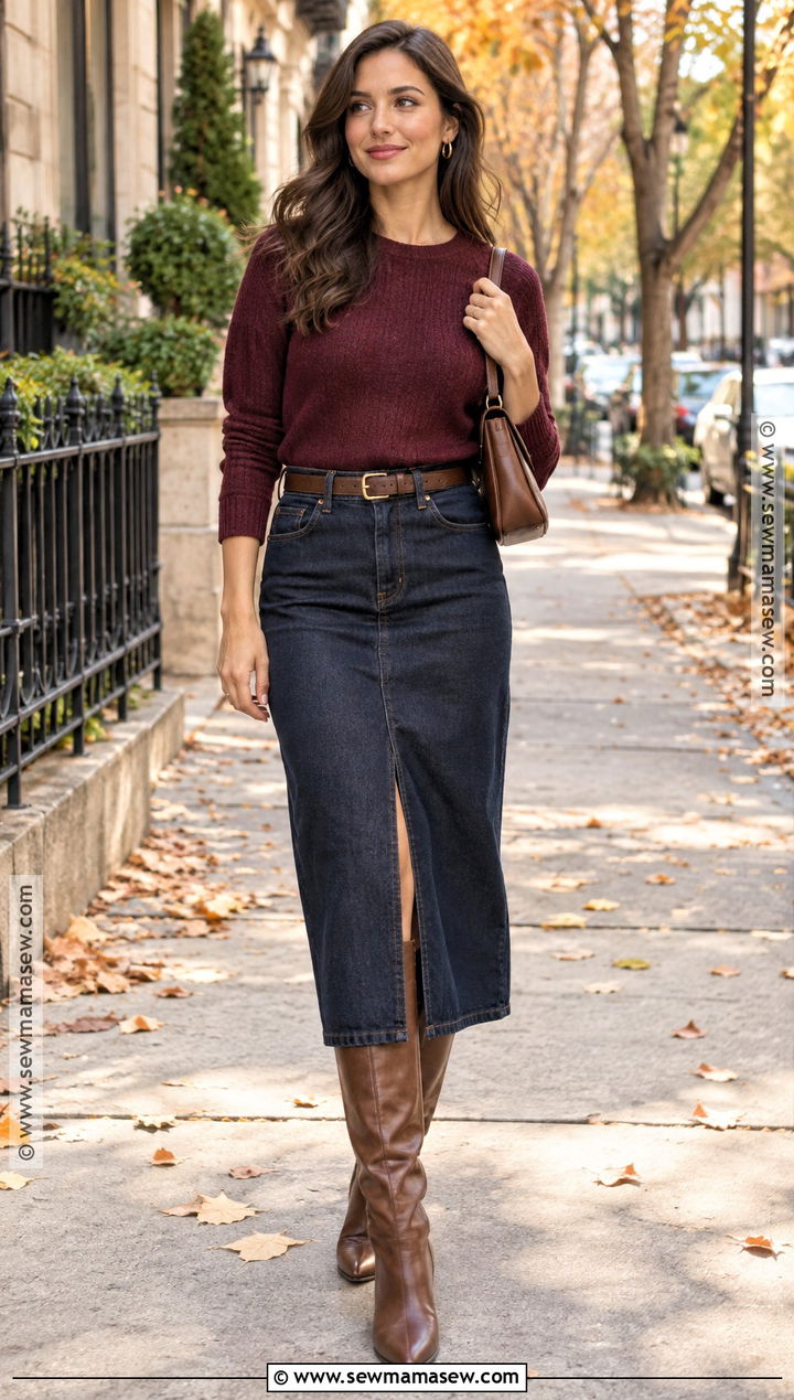 Denim Midi Skirt And Sweater Fall Outfit - 25 cute outfits for fall
