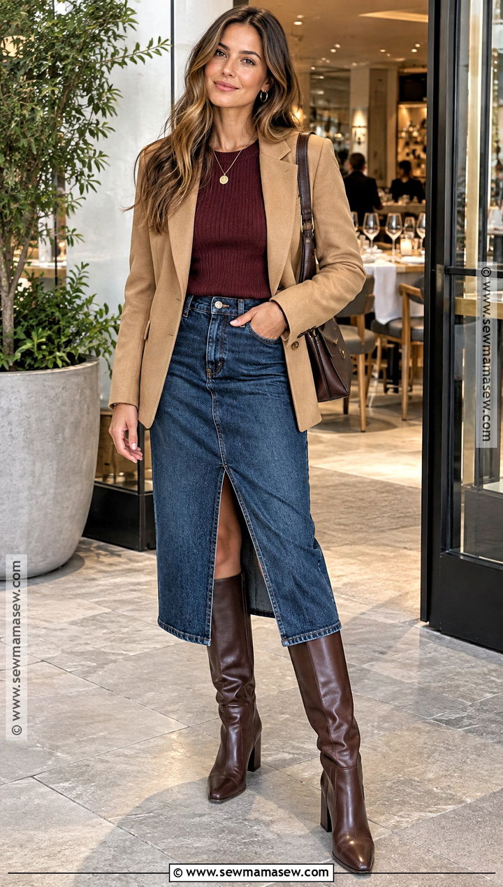 Denim Midi Skirt And Tall Boots Autumn Dinner Outfit - 15 Autumn Dinner Outfit Ideas